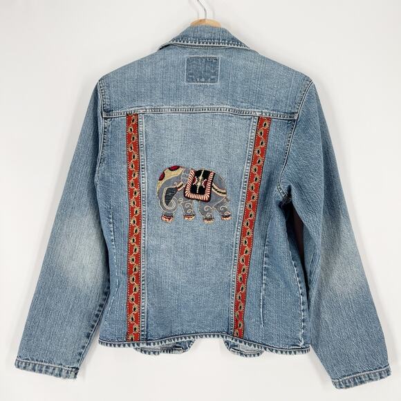 Countdown Denim Jacket Elephant Embroidered US Medium Acid Wash Studded Artsy - Picture 1 of 12
